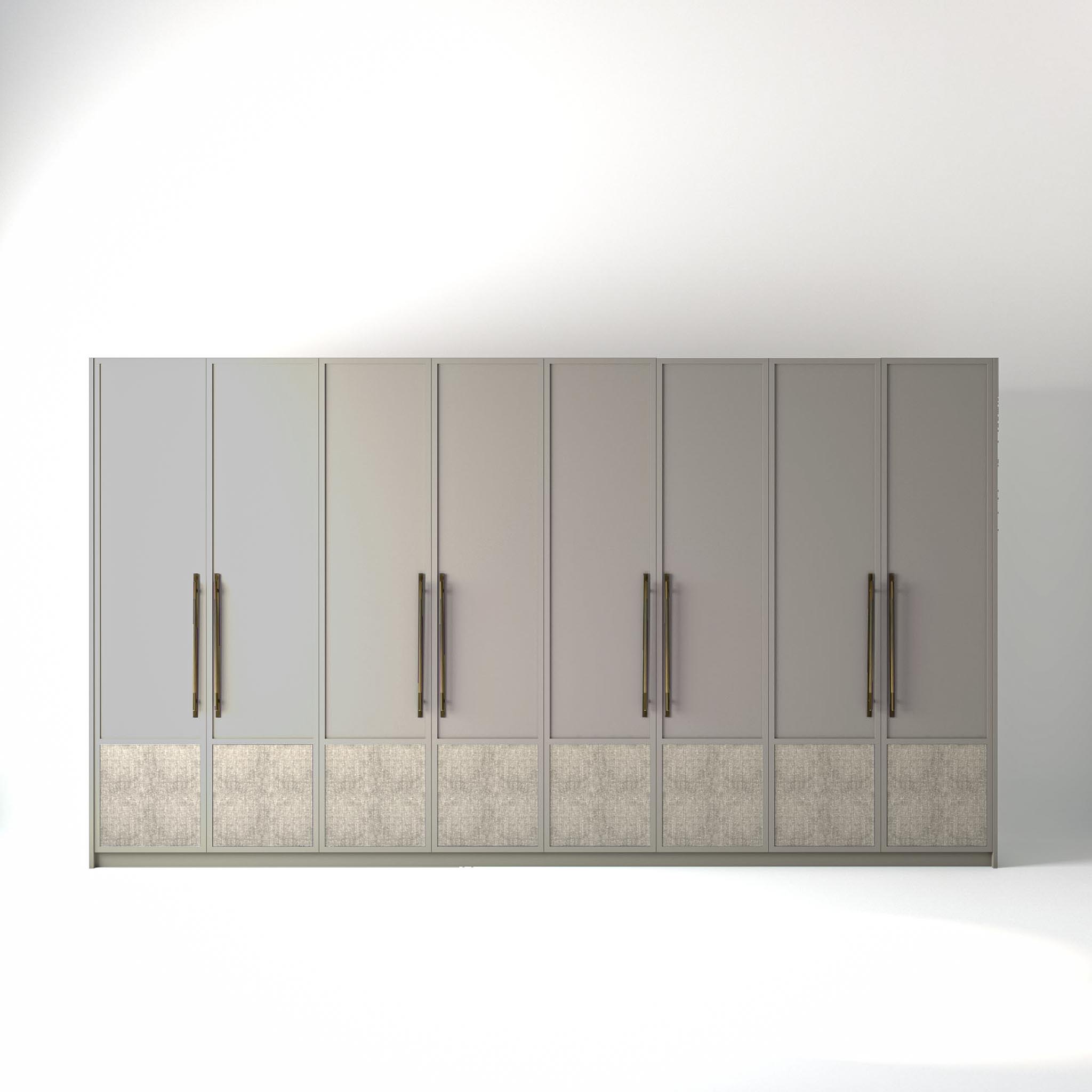 4 metre grey painted freestanding wardrobe by On-Trend Wardrobes, with modern shaker door design including low level fabric panel and Bronze Handles in a white studio setting