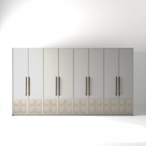 4 metre light grey painted freestanding wardrobe by On-Trend Wardrobes, with modern shaker door design including low level fabric panel and Bronze Handles in a white studio setting