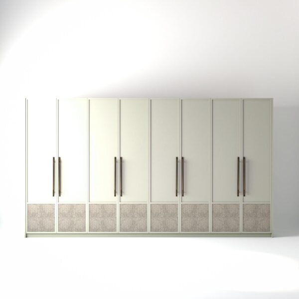 4 metre off-white painted freestanding wardrobe by On-Trend Wardrobes, with modern shaker door design including low level fabric panel and Bronze Handles in a white studio setting