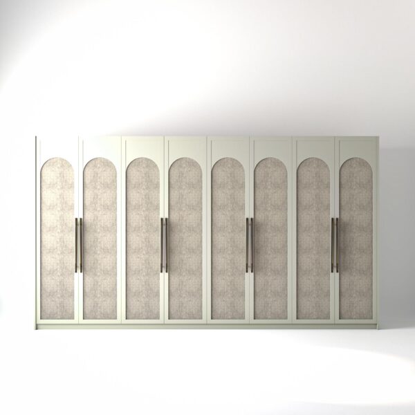 4 metre off-white painted freestanding wardrobe by On-Trend Wardrobes, with arched shaker door design including central arched fabric panel and Bronze Handles in a white studio setting