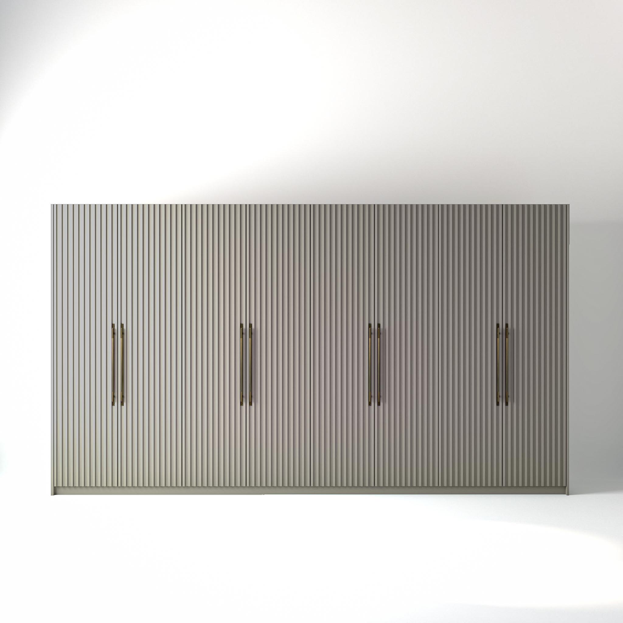 4 metre grey painted freestanding wardrobe by On-Trend Wardrobes, with ribbed door design and Bronze Handles in a white studio setting