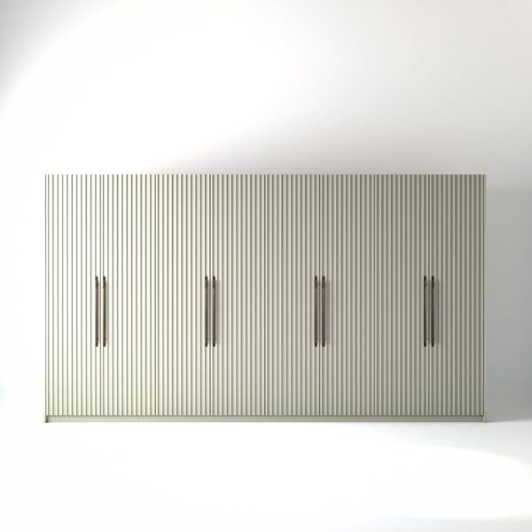 4 metre off-white painted freestanding wardrobe by On-Trend Wardrobes, with ribbed door design and Bronze Handles in a white studio setting