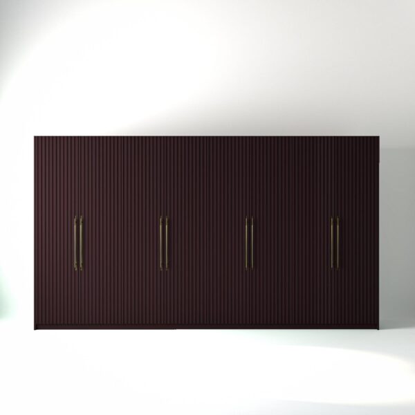 4 metre wine painted freestanding wardrobe by On-Trend Wardrobes, with ribbed door design and Bronze Handles in a white studio setting