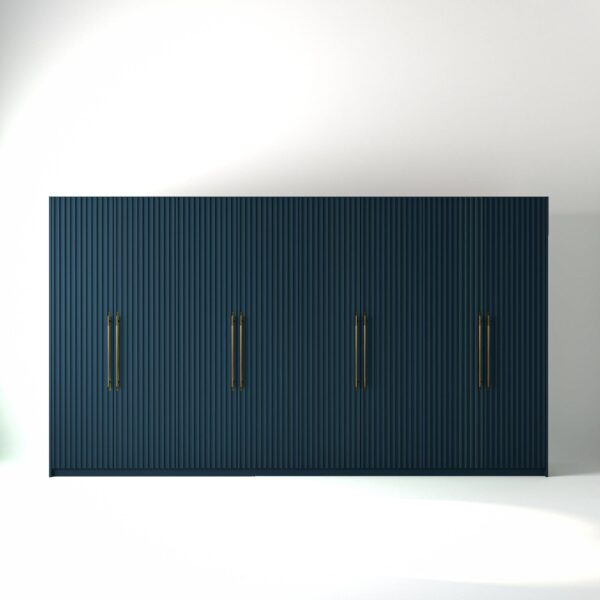 4 metre blue painted freestanding wardrobe by On-Trend Wardrobes, with ribbed door design and Bronze Handles in a white studio setting