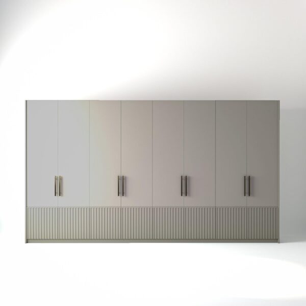 4 metre grey painted freestanding wardrobe by On-Trend Wardrobes, with low ribbed door design and Bronze Handles in a white studio setting
