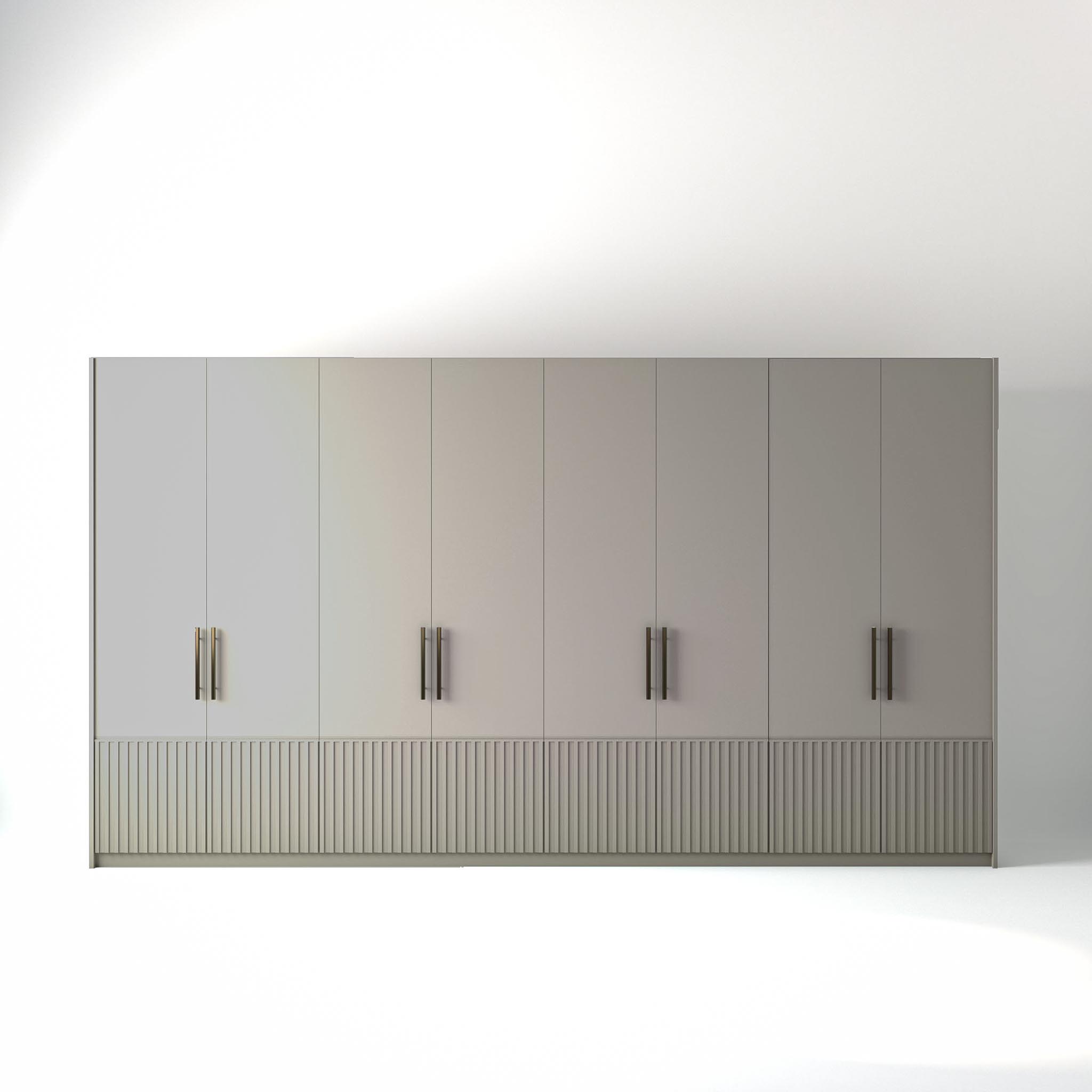 4 metre grey painted freestanding wardrobe by On-Trend Wardrobes, with low ribbed door design and Bronze Handles in a white studio setting