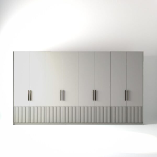 4 metre light grey painted freestanding wardrobe by On-Trend Wardrobes, with low ribbed door design and Bronze Handles in a white studio setting