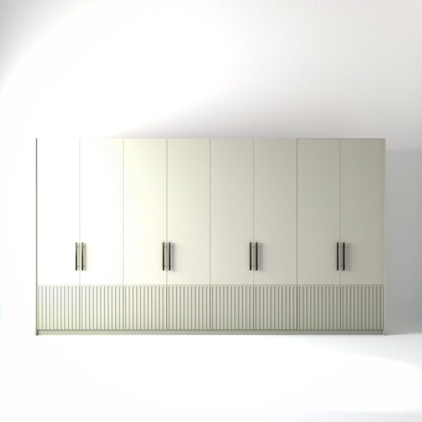 4 metre off-white painted freestanding wardrobe by On-Trend Wardrobes, with low ribbed door design and Bronze Handles in a white studio setting