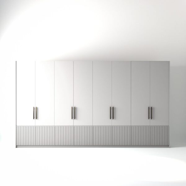4 metre white painted freestanding wardrobe by On-Trend Wardrobes, with low ribbed door design and Bronze Handles in a white studio setting