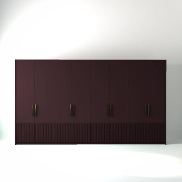 4 metre wine painted freestanding wardrobe by On-Trend Wardrobes, with low ribbed door design and Bronze Handles in a white studio setting