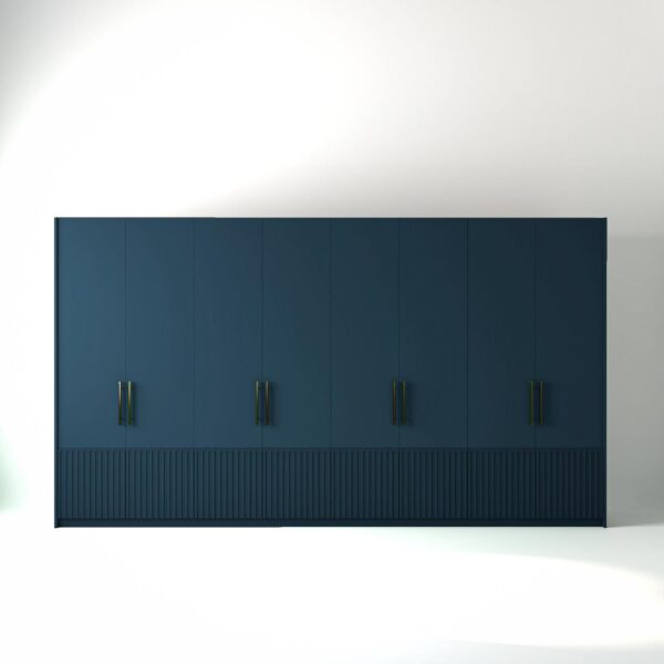 4 metre blue painted freestanding wardrobe by On-Trend Wardrobes, with low ribbed door design and Bronze Handles in a white studio setting
