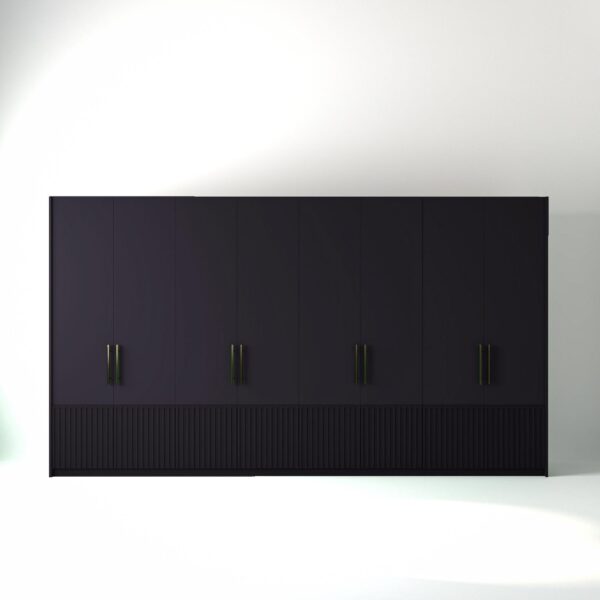 4 metre plum painted freestanding wardrobe by On-Trend Wardrobes, with low ribbed door design and Bronze Handles in a white studio setting
