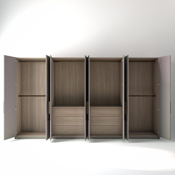 4 metre grey coloured freestanding wardrobe by On-Trend Wardrobes, all doors open showing oak internals with a mix of hanging rails units and drawer units