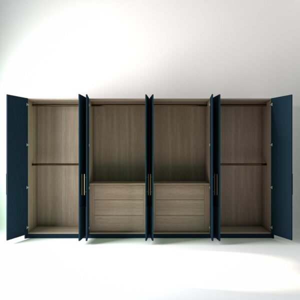 4 metre blue coloured freestanding wardrobe by On-Trend Wardrobes, all doors open showing oak internals with a mix of hanging rails units and drawer units