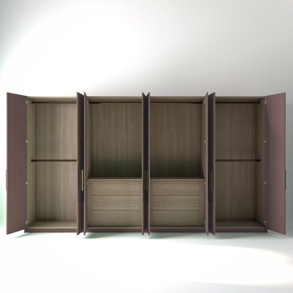 4 metre blush pink coloured freestanding wardrobe by On-Trend Wardrobes, all doors open showing oak internals with a mix of hanging rails units and drawer units