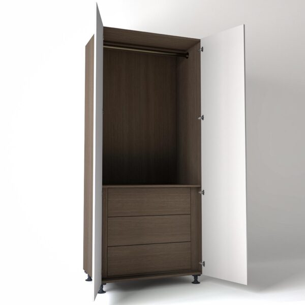 Freestanding open Wardrobe Unit by On-Trend Wardrobes with internal drawers in Grey Oak carcass Finish and white painted doors in a white studio setting