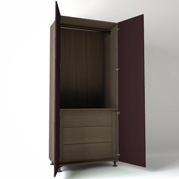 Freestanding open Wardrobe Unit by On-Trend Wardrobes with internal drawers in Grey Oak carcass Finish and grey painted doors in a wine studio setting