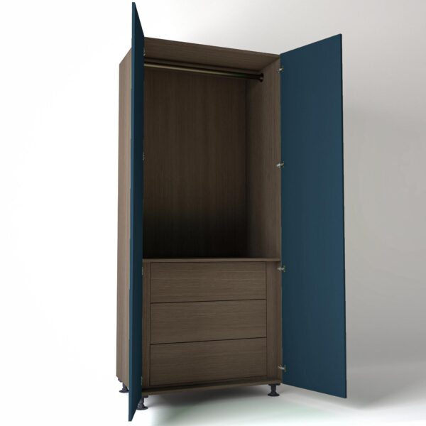 Freestanding open Wardrobe Unit by On-Trend Wardrobes with internal drawers in Grey Oak carcass Finish and blue painted doors in a white studio setting