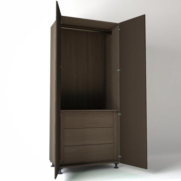 Freestanding open Wardrobe Unit by On-Trend Wardrobes with internal drawers in Grey Oak carcass Finish and clay painted doors in a white studio setting