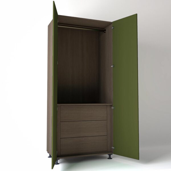 Freestanding open Wardrobe Unit by On-Trend Wardrobes with internal drawers in Grey Oak carcass Finish and green painted doors in a white studio setting