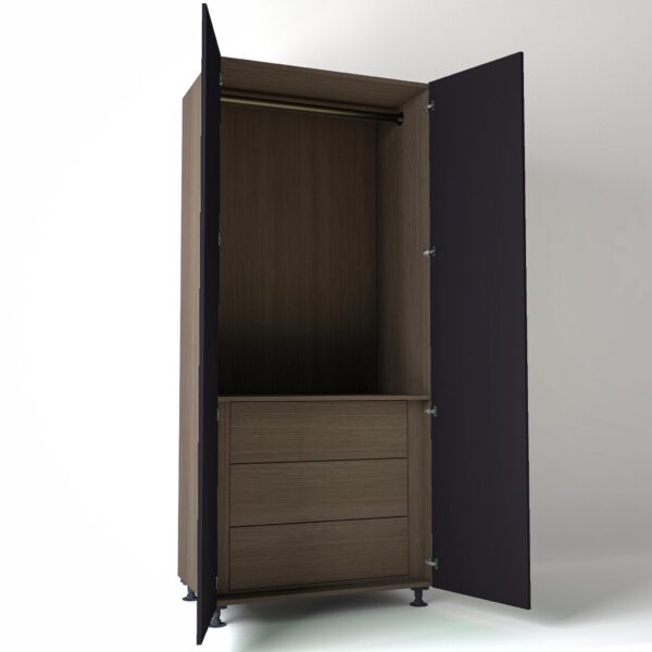 Freestanding open Wardrobe Unit by On-Trend Wardrobes with internal drawers in Grey Oak carcass Finish and plum painted doors in a white studio setting