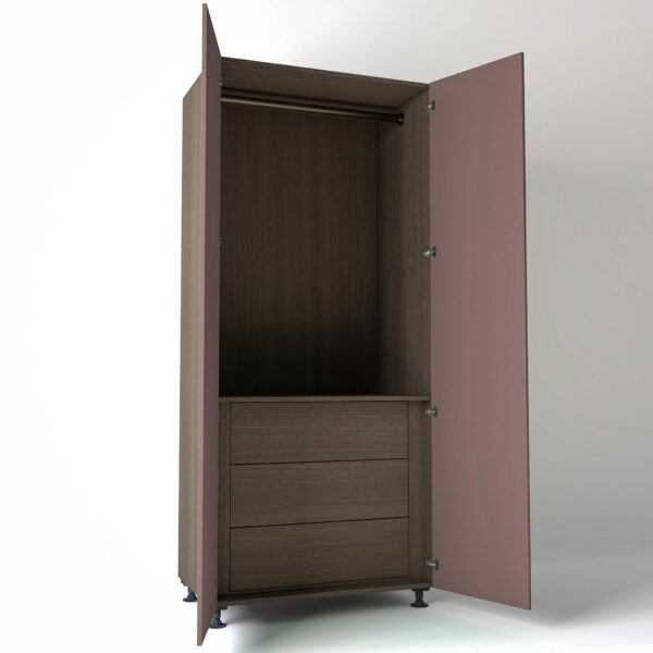 Freestanding open Wardrobe Unit by On-Trend Wardrobes with internal drawers in Grey Oak carcass Finish and blush pink painted doors in a white studio setting
