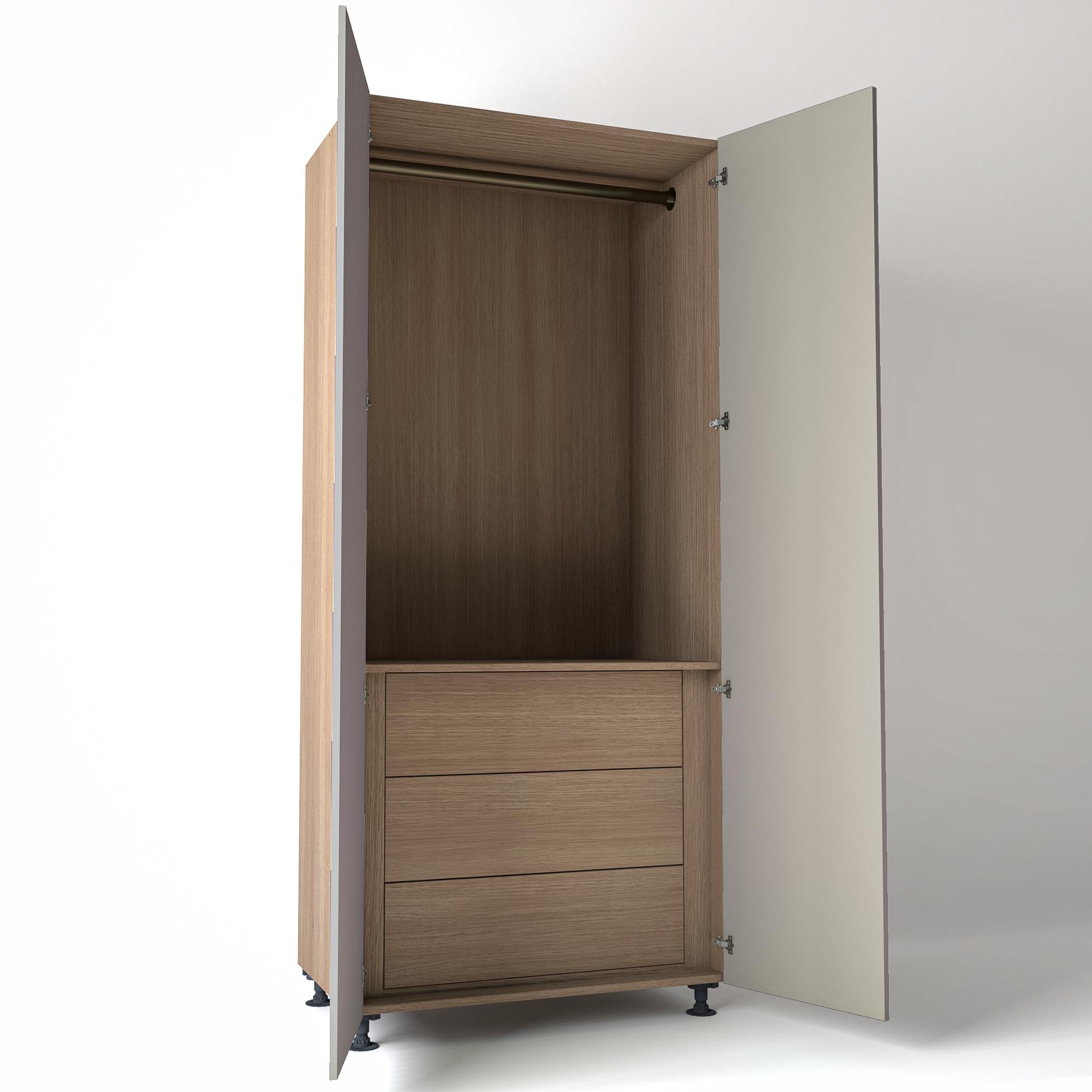 Freestanding open Wardrobe Unit by On-Trend Wardrobes with internal drawers in mid Oak carcass Finish and grey painted doors in a white studio setting