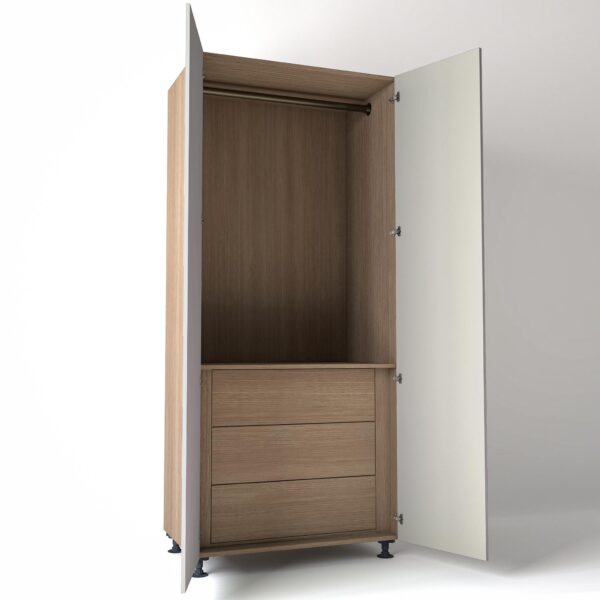 Freestanding open Wardrobe Unit by On-Trend Wardrobes with internal drawers in mid Oak carcass Finish and light grey painted doors in a white studio setting
