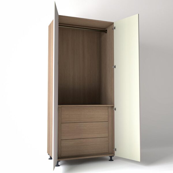 Freestanding open Wardrobe Unit by On-Trend Wardrobes with internal drawers in mid Oak carcass Finish and off-white painted doors in a white studio setting