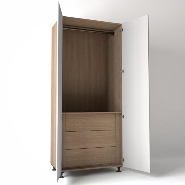 Freestanding open Wardrobe Unit by On-Trend Wardrobes with internal drawers in mid Oak carcass Finish and white painted doors in a white studio setting