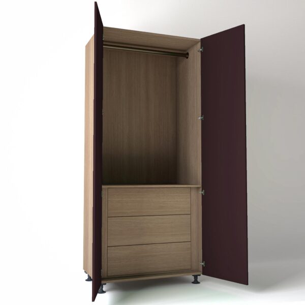 Freestanding open Wardrobe Unit by On-Trend Wardrobes with internal drawers in mid Oak carcass Finish and wine painted doors in a white studio setting