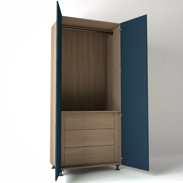 Freestanding open Wardrobe Unit by On-Trend Wardrobes with internal drawers in mid Oak carcass Finish and blue painted doors in a white studio setting
