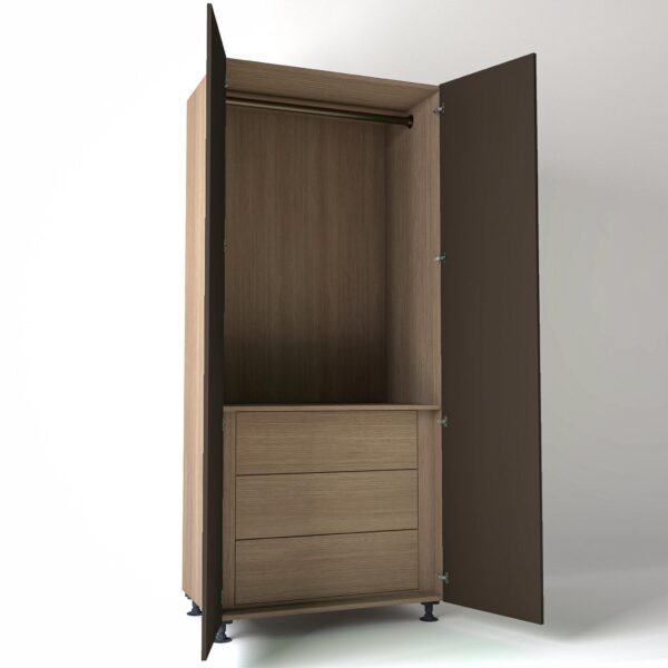 Freestanding open Wardrobe Unit by On-Trend Wardrobes with internal drawers in mid Oak carcass Finish and clay painted doors in a white studio setting