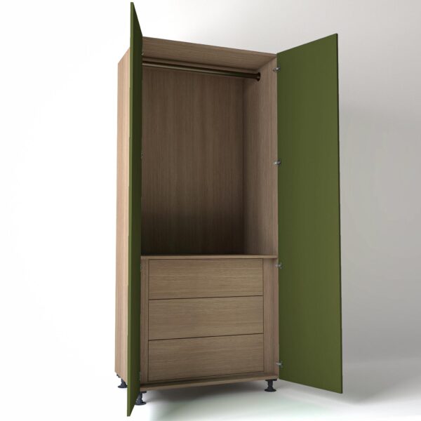 Freestanding open Wardrobe Unit by On-Trend Wardrobes with internal drawers in mid Oak carcass Finish and olive painted doors in a white studio setting