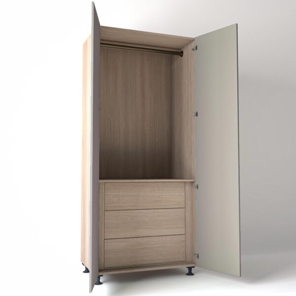 Freestanding open Wardrobe Unit by On-Trend Wardrobes with internal drawers in light Oak carcass Finish and grey painted doors in a white studio setting