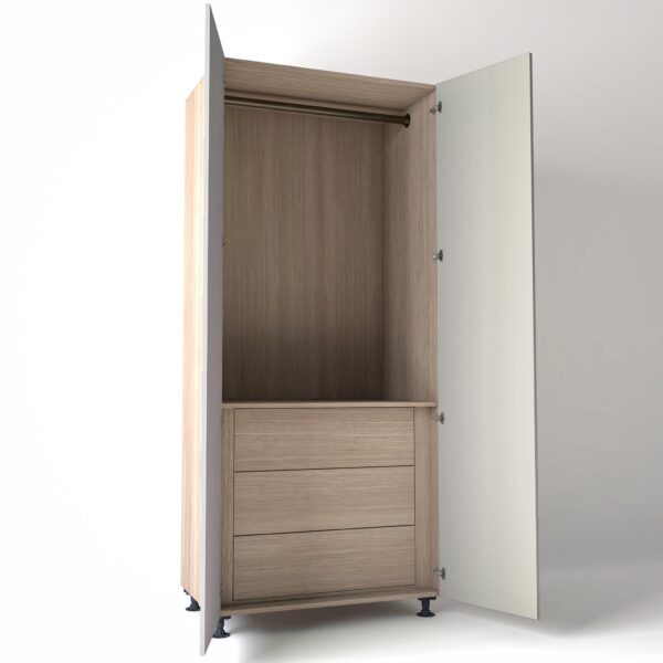 Freestanding open Wardrobe Unit by On-Trend Wardrobes with internal drawers in light Oak carcass Finish and light grey painted doors in a white studio setting