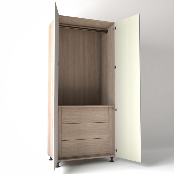 Freestanding open Wardrobe Unit by On-Trend Wardrobes with internal drawers in light Oak carcass Finish and off-white painted doors in a white studio setting