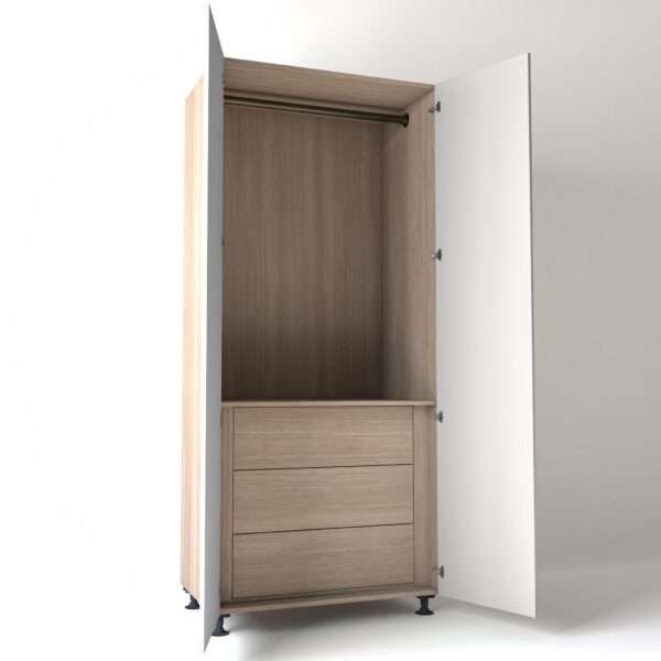 Freestanding open Wardrobe Unit by On-Trend Wardrobes with internal drawers in light Oak carcass Finish and white painted doors in a white studio setting