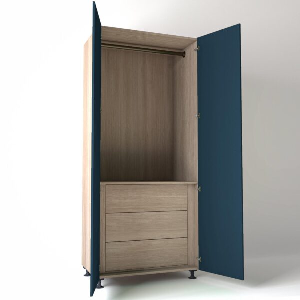 Freestanding open Wardrobe Unit by On-Trend Wardrobes with internal drawers in light Oak carcass Finish and blue painted doors in a white studio setting