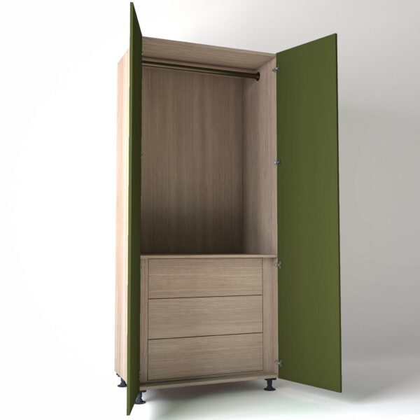 Freestanding open Wardrobe Unit by On-Trend Wardrobes with internal drawers in light Oak carcass Finish and olive painted doors in a white studio setting