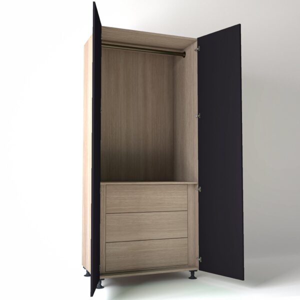 Freestanding open Wardrobe Unit by On-Trend Wardrobes with internal drawers in light Oak carcass Finish and plum painted doors in a white studio setting
