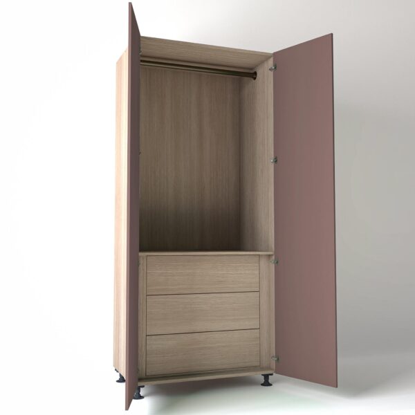 Freestanding open Wardrobe Unit by On-Trend Wardrobes with internal drawers in light Oak carcass Finish and blush pink painted doors in a white studio setting