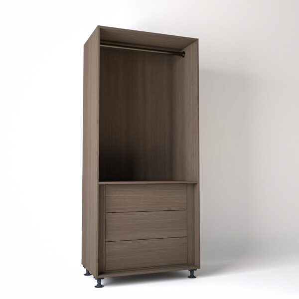 Freestanding open Wardrobe Unit by On-Trend Wardrobes with internal drawers in grey Oak carcass Finish in a white studio setting