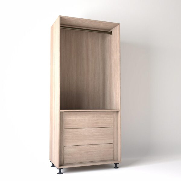 Freestanding open Wardrobe Unit by On-Trend Wardrobes with internal drawers in light Oak carcass Finish in a white studio setting