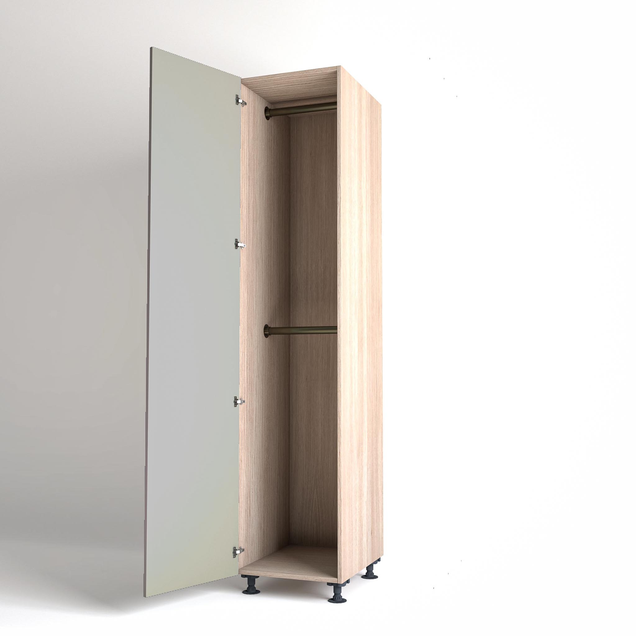 50cm single left-hand door Wardrobe Unit by On-Trend Wardrobes. Light Oak carcass Finish, 2 x hanging rails and grey painted door in a white studio setting