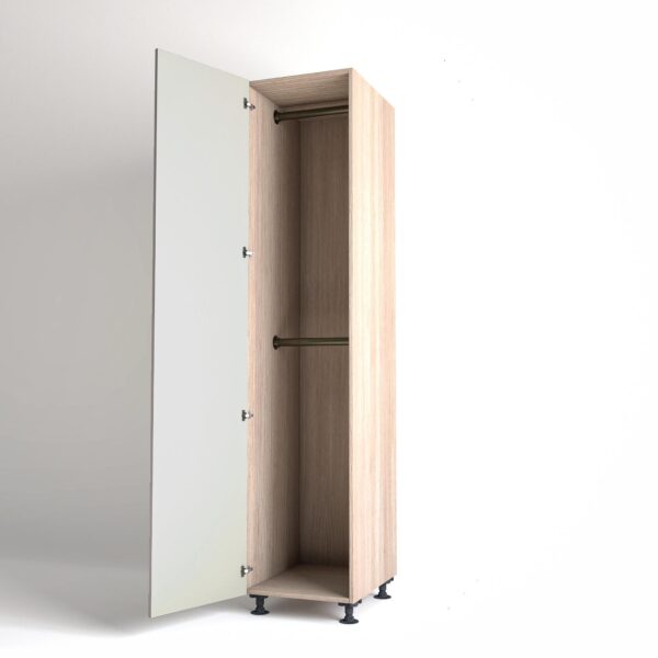 50cm single left-hand door Wardrobe Unit by On-Trend Wardrobes. Light Oak carcass Finish, 2 x hanging rails and light grey painted door in a white studio setting