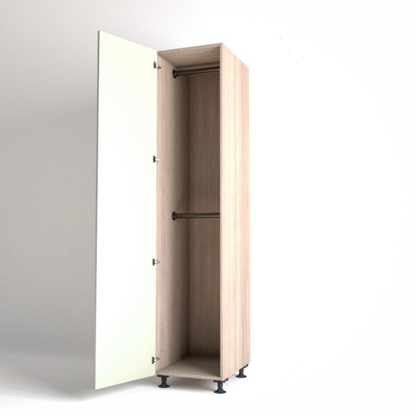 50cm single left-hand door Wardrobe Unit by On-Trend Wardrobes. Light Oak carcass Finish, 2 x hanging rails and off-white painted door in a white studio setting
