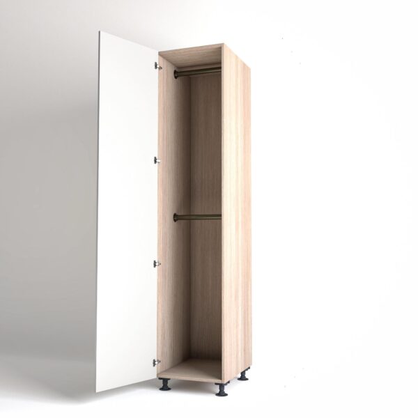 50cm single left-hand door Wardrobe Unit by On-Trend Wardrobes. Light Oak carcass Finish, 2 x hanging rails and white painted door in a white studio setting