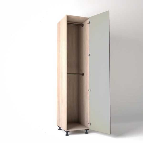 50cm single right-hand door Wardrobe Unit by On-Trend Wardrobes. Light Oak carcass Finish, 2 x hanging rails and grey painted door in a white studio setting