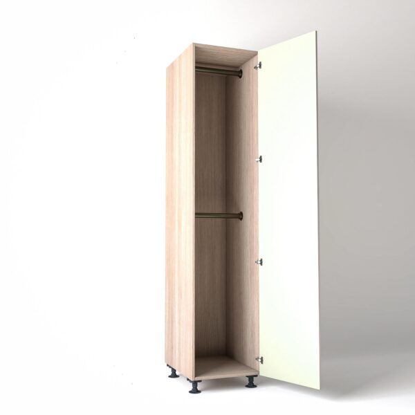 50cm single right-hand door Wardrobe Unit by On-Trend Wardrobes. Light Oak carcass Finish, 2 x hanging rails and off-white painted door in a white studio setting